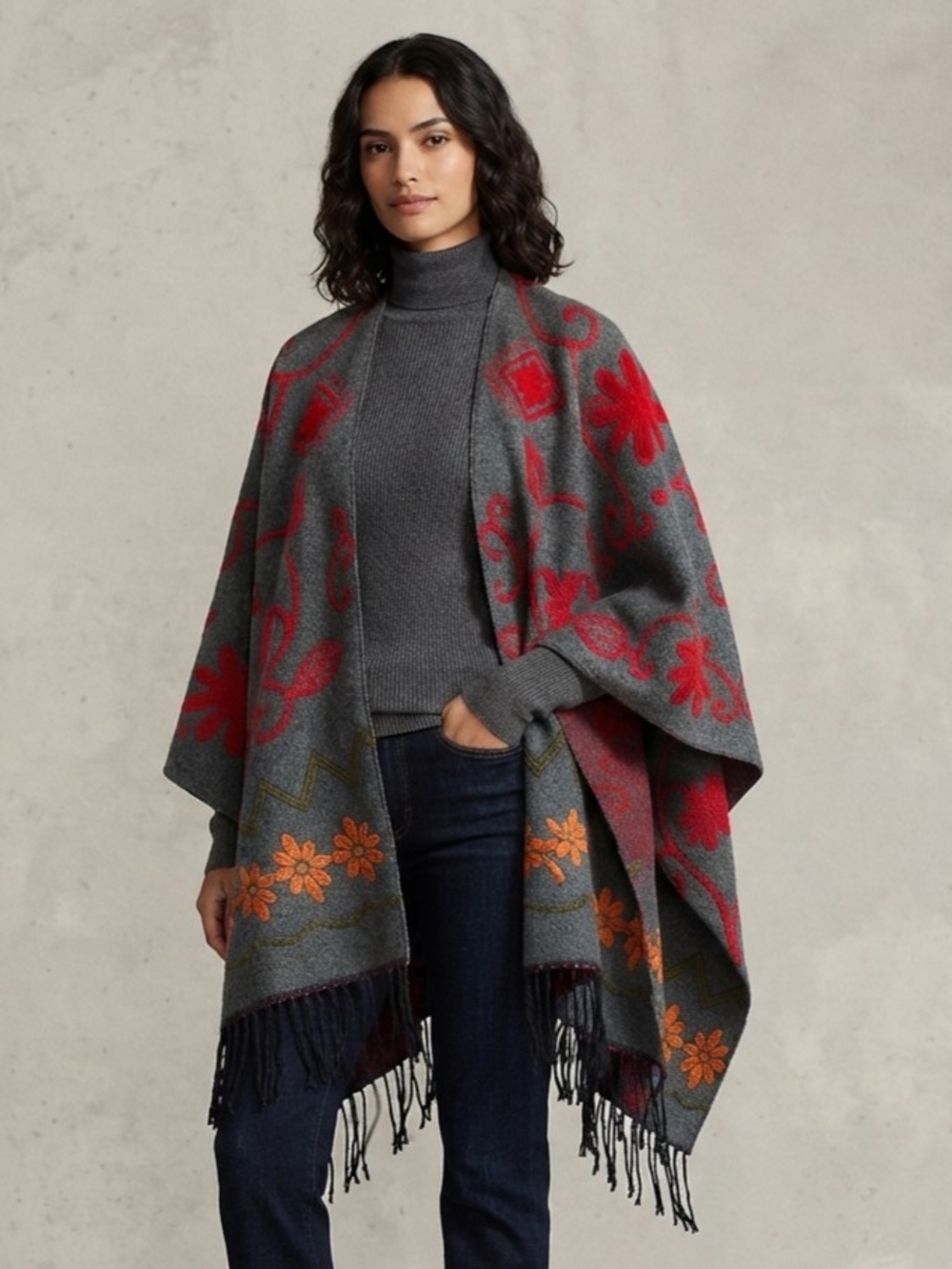 Desigual Gray Floral Embroidered Feinge Poncho One Size